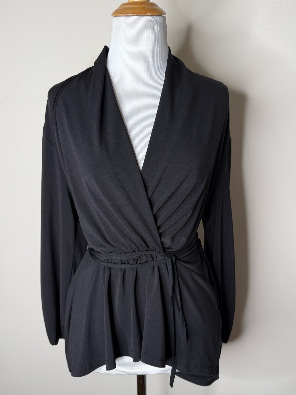 Design Lab Lord & Taylor Black Faux Wrap V-Neck Tie Blouse